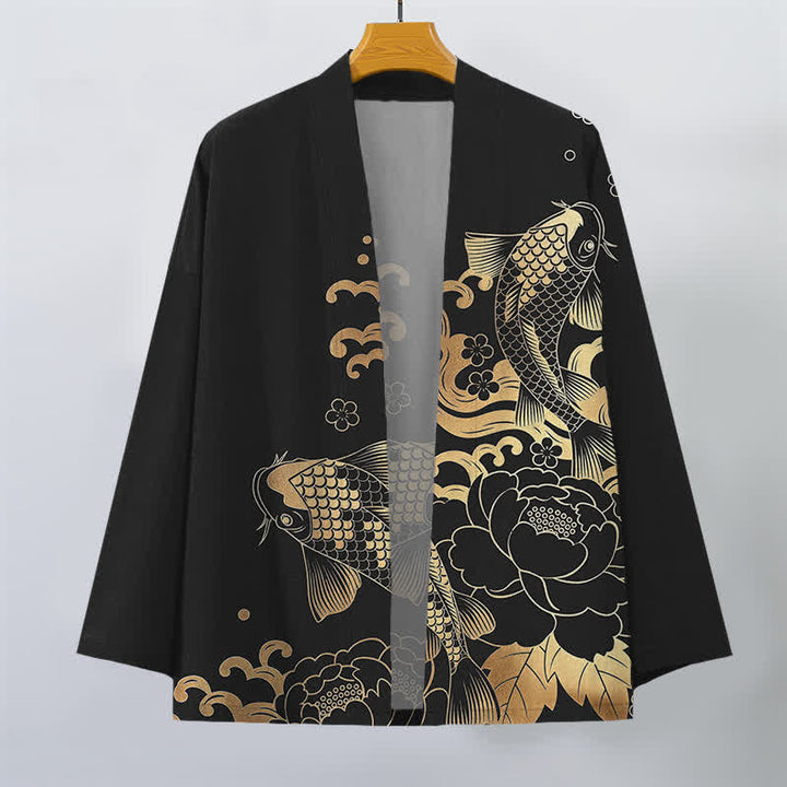 Buddha Stones Kimono da uomo in cotone con motivo floreale e carpe koi dorate, aperto sul davanti. - image 10