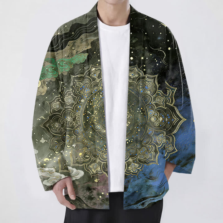 Buddha Stones Kimono da uomo in cotone con motivo mandala galattico e apertura frontale. - Verde oliva scuro - US/UK/AU48, EU58 (4XL) - image 6