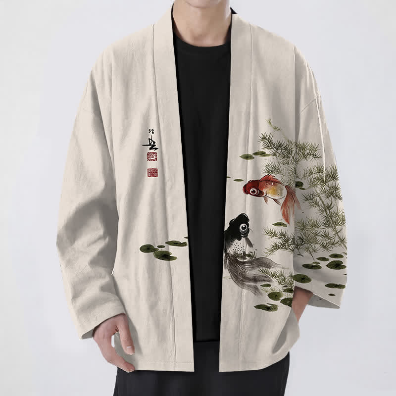 Buddha Stones Kimono da uomo in cotone con stampa a inchiostro di loto e motivo koi koi, aperto sul davanti. - Beige - US/UK/AU48, EU58 (4XL) - image 0