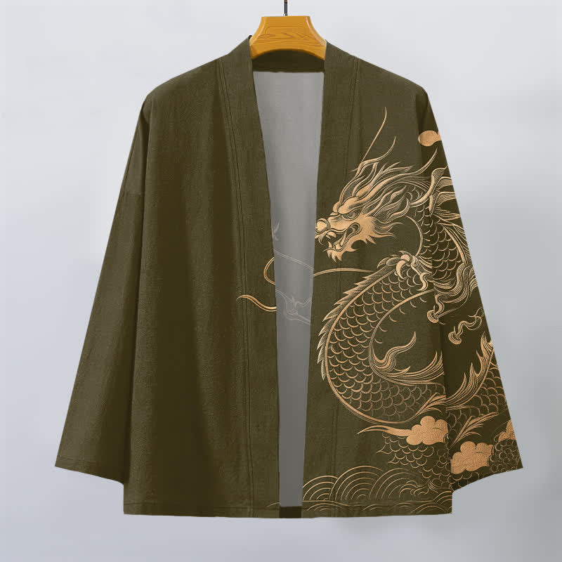 Buddha Stones Kimono da uomo in cotone con motivo a onde e nuvole, aperto sul davanti, con drago dorato. - image 1