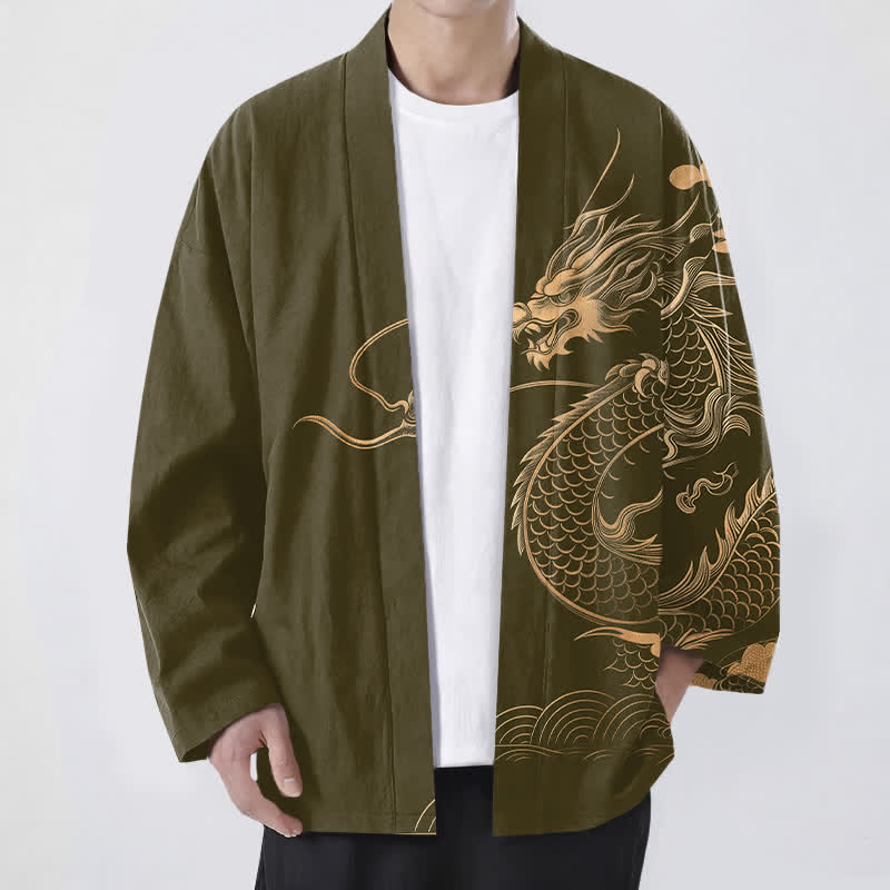 Buddha Stones Kimono da uomo in cotone con motivo a onde e nuvole, aperto sul davanti, con drago dorato. - Oliva - US/UK/AU48, EU58 (4XL) - image 0