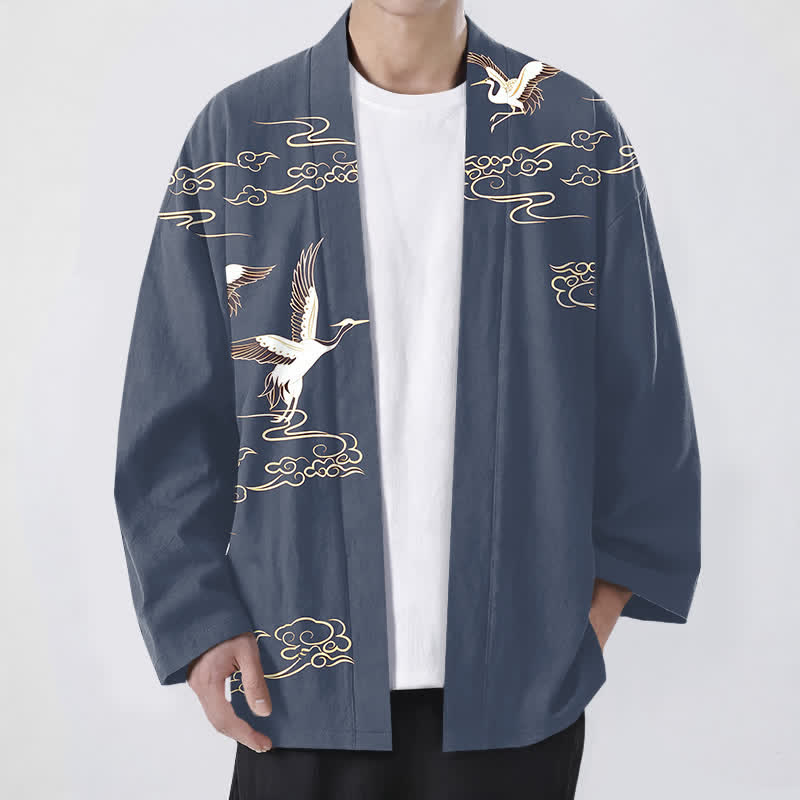 Buddha Stones Kimono da uomo in cotone bianco con motivo gru e nuvole dorate, aperto sul davanti. - SteelBlue - US/UK/AU48, EU58 (4XL) - image 0