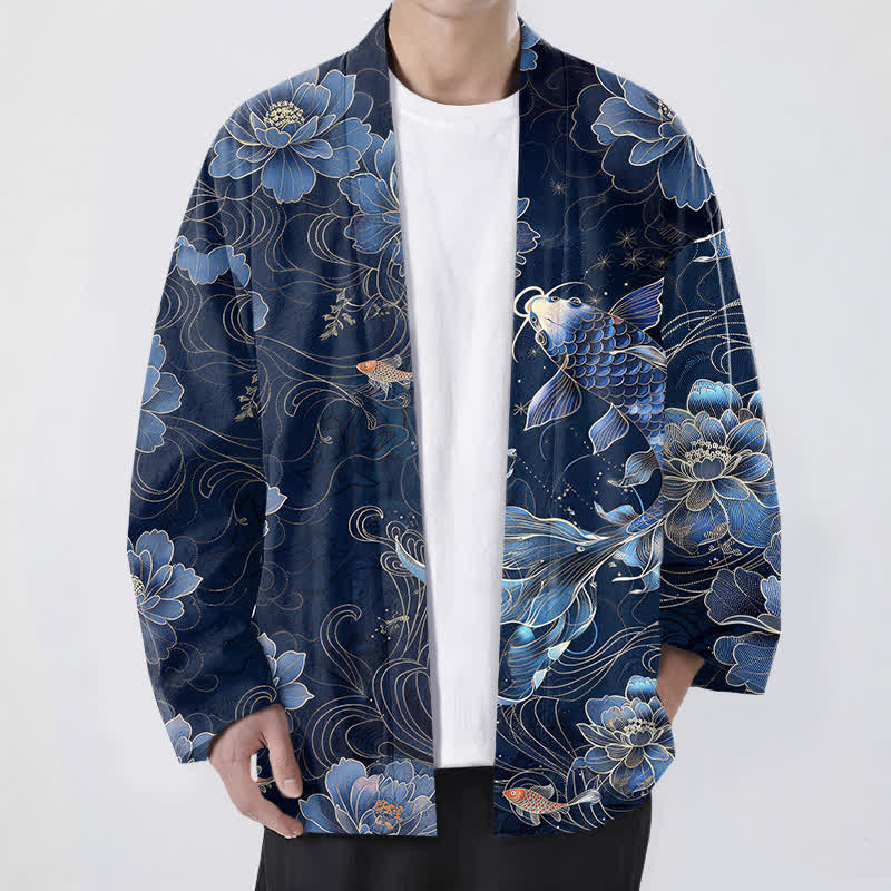Buddha Stones Kimono da uomo in cotone con motivo a onde e koi loto, aperto sul davanti. - Marina - US/UK/AU48, EU58 (4XL) - image 0