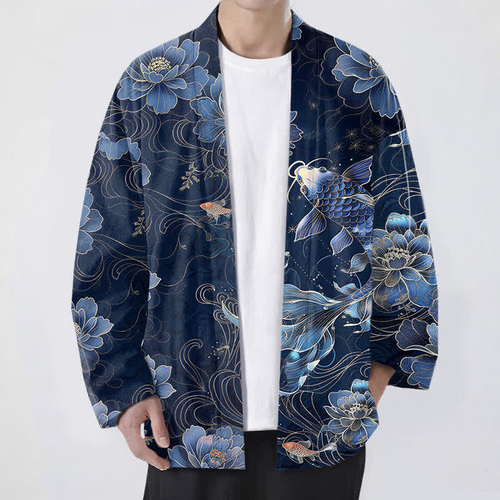 Buddha Stones Kimono da uomo in cotone con motivo a onde e koi loto, aperto sul davanti. - Marina - US/UK/AU48, EU58 (4XL) - image 0