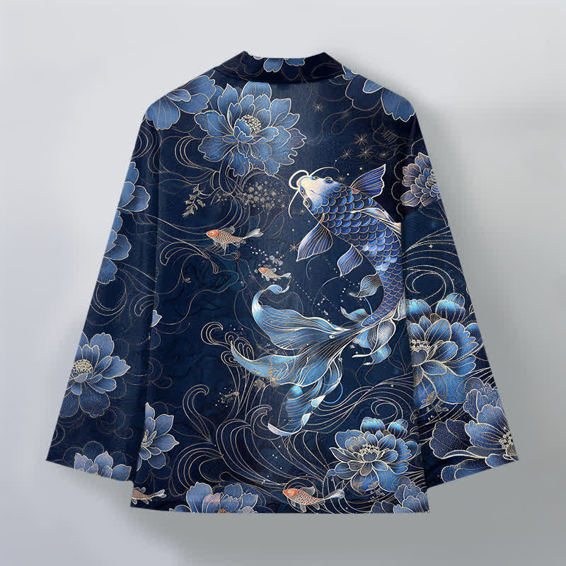 Buddha Stones Kimono da uomo in cotone con motivo a onde e koi loto, aperto sul davanti. - image 2
