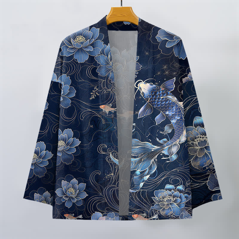Buddha Stones Kimono da uomo in cotone con motivo a onde e koi loto, aperto sul davanti. - image 1