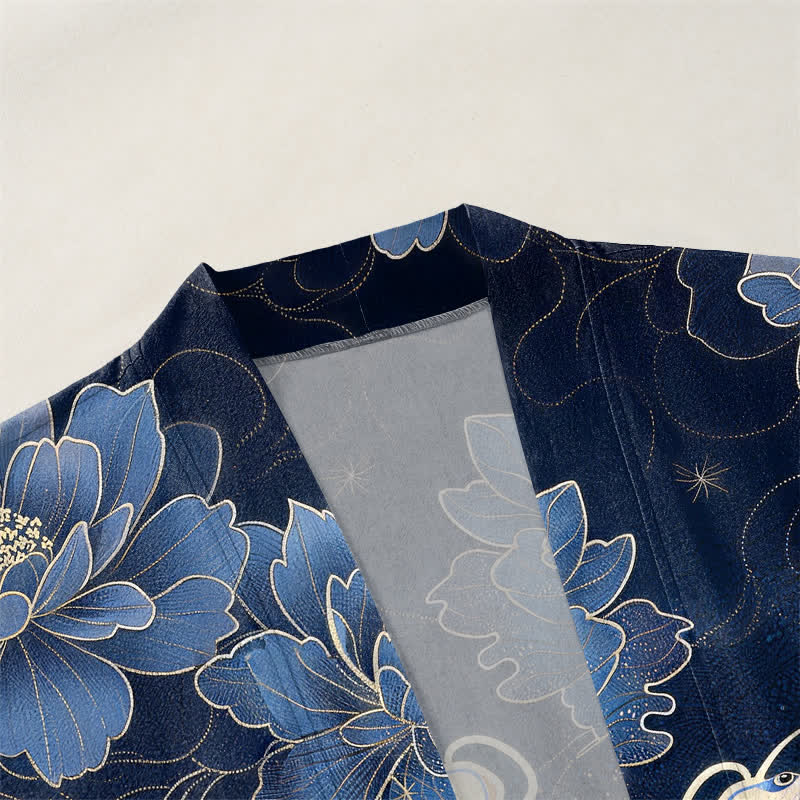 Buddha Stones Kimono da uomo in cotone con motivo a onde e koi loto, aperto sul davanti. - image 3