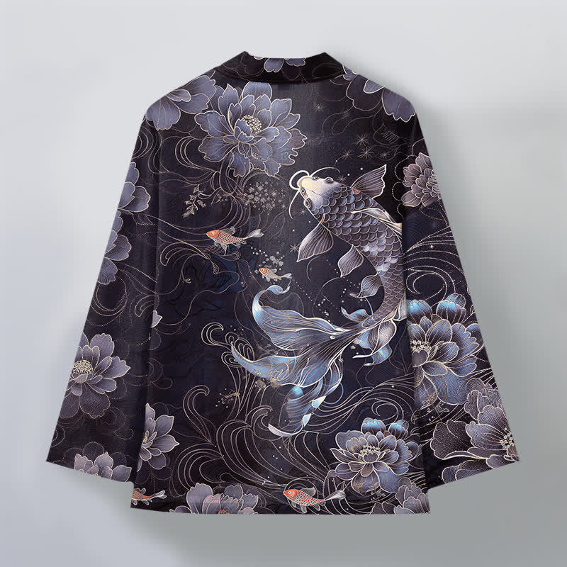 Buddha Stones Kimono da uomo in cotone con motivo a onde e koi loto, aperto sul davanti. - image 8