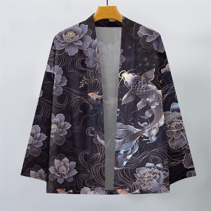 Buddha Stones Kimono da uomo in cotone con motivo a onde e koi loto, aperto sul davanti. - image 7