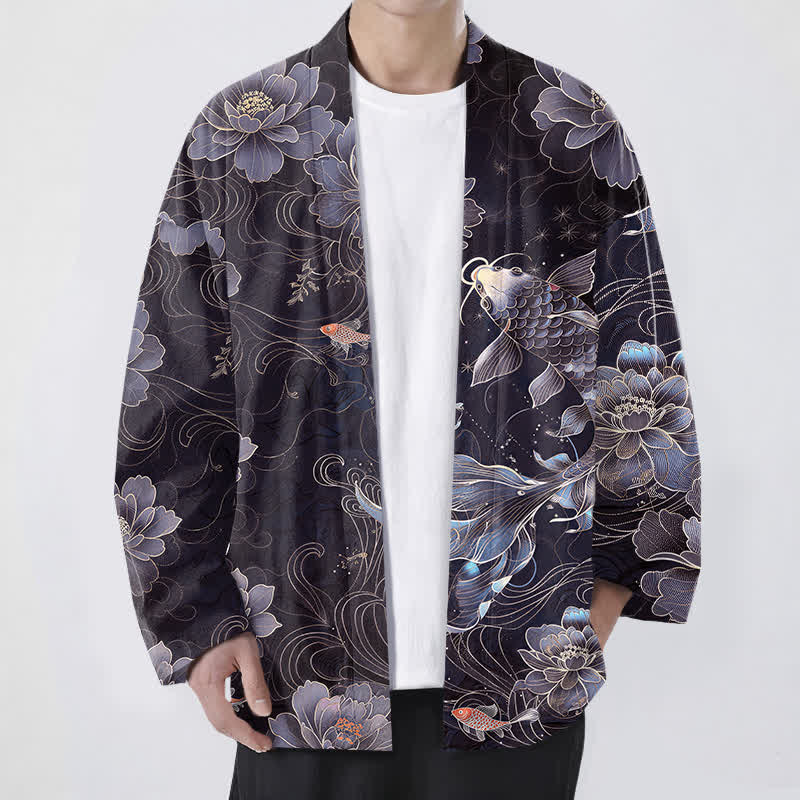 Buddha Stones Kimono da uomo in cotone con motivo a onde e koi loto, aperto sul davanti. - Blu ardesia scuro - US/UK/AU48, EU58 (4XL) - image 6
