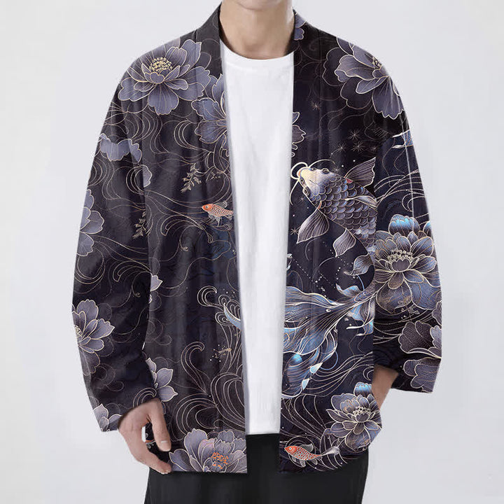 Buddha Stones Kimono da uomo in cotone con motivo a onde e koi loto, aperto sul davanti. - Blu ardesia scuro - US/UK/AU48, EU58 (4XL) - image 6