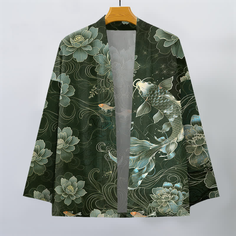 Buddha Stones Kimono da uomo in cotone con motivo a onde e koi loto, aperto sul davanti. - image 10
