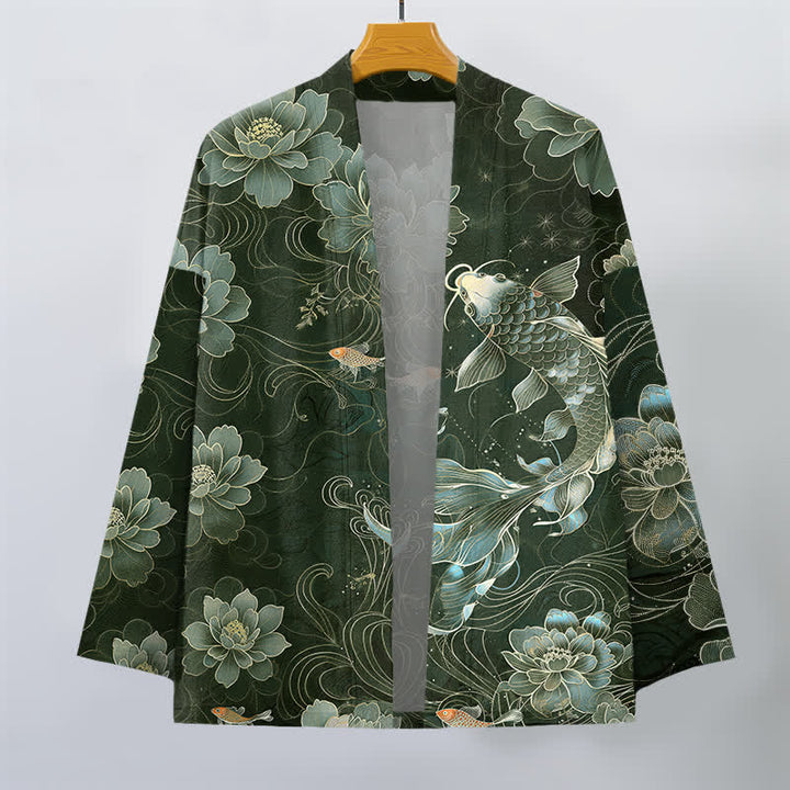Buddha Stones Kimono da uomo in cotone con motivo a onde e koi loto, aperto sul davanti. - image 10