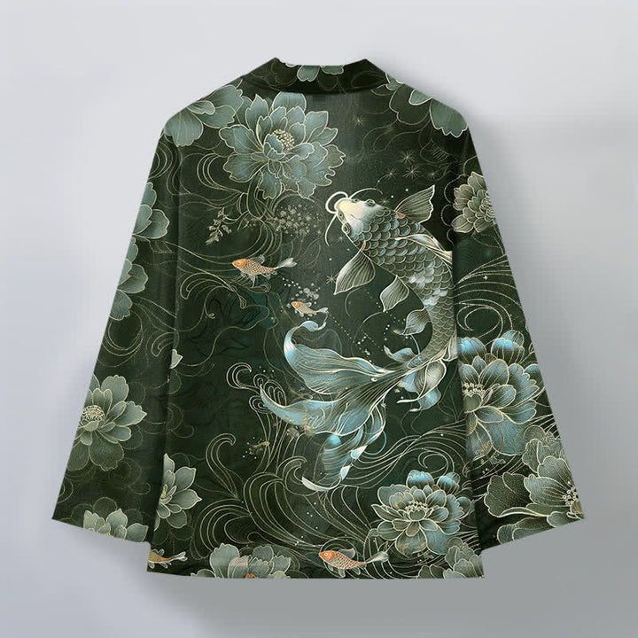 Buddha Stones Kimono da uomo in cotone con motivo a onde e koi loto, aperto sul davanti. - image 11