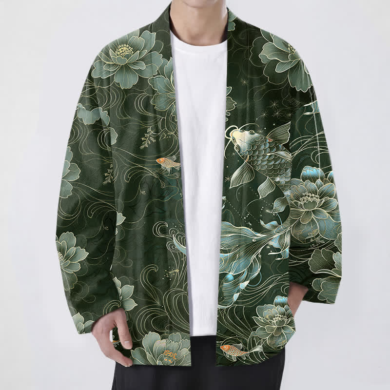 Buddha Stones Kimono da uomo in cotone con motivo a onde e koi loto, aperto sul davanti. - Verde scuro - US/UK/AU48, EU58 (4XL) - image 9