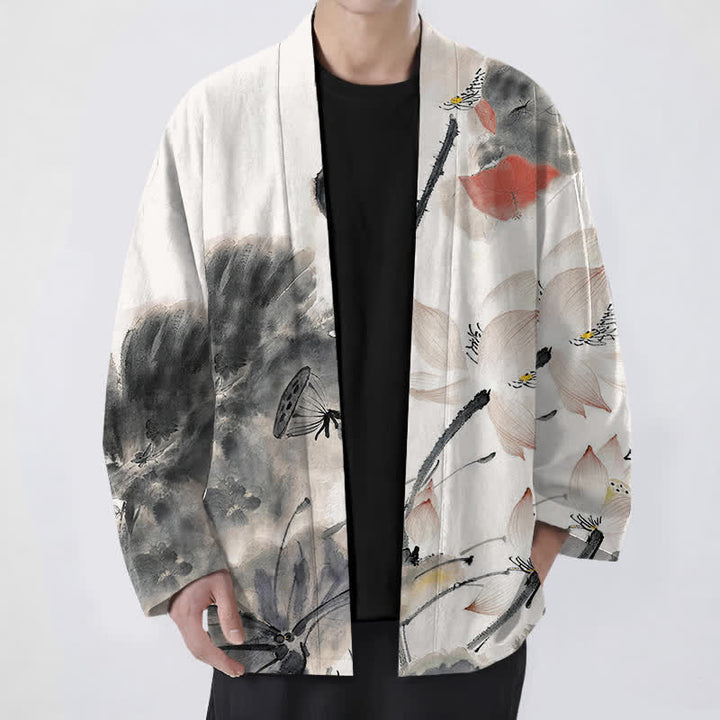 Buddha Stones Kimono da uomo con stampa a loto e apertura frontale, in cotone e inchiostro. - Nero - US/UK/AU48, EU58 (4XL) - image 0
