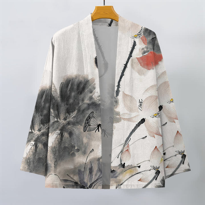 Buddha Stones Kimono da uomo con stampa a loto e apertura frontale, in cotone e inchiostro. - image 1