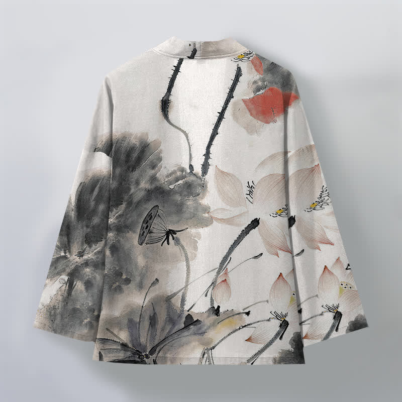 Buddha Stones Kimono da uomo con stampa a loto e apertura frontale, in cotone e inchiostro. - image 2