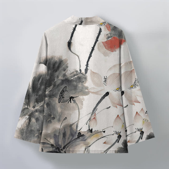 Buddha Stones Kimono da uomo con stampa a loto e apertura frontale, in cotone e inchiostro. - image 2