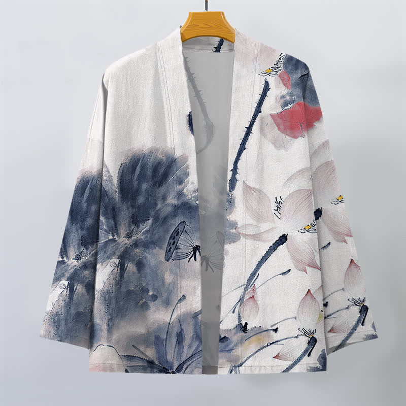 Buddha Stones Kimono da uomo con stampa a loto e apertura frontale, in cotone e inchiostro. - image 7