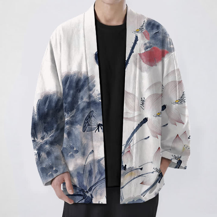 Buddha Stones Kimono da uomo con stampa a loto e apertura frontale, in cotone e inchiostro. - SteelBlue - US/UK/AU48, EU58 (4XL) - image 6
