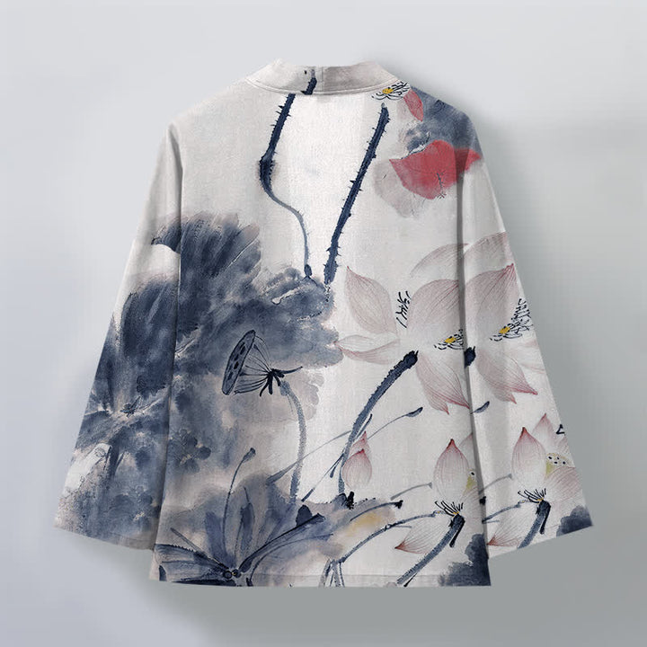 Buddha Stones Kimono da uomo con stampa a loto e apertura frontale, in cotone e inchiostro. - image 8