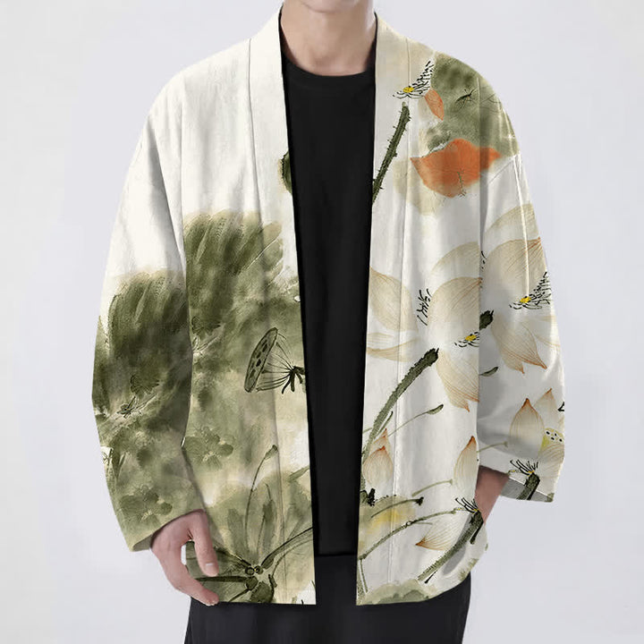 Buddha Stones Kimono da uomo con stampa a loto e apertura frontale, in cotone e inchiostro. - Verde oliva - US/UK/AU48, EU58 (4XL) - image 9