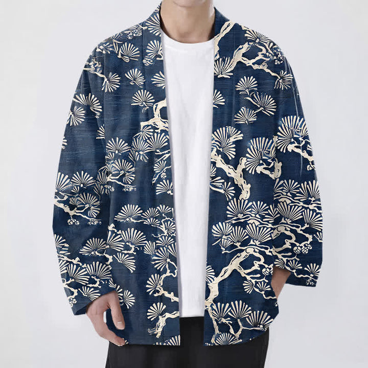 Buddha Stones Kimono da uomo con apertura frontale e motivo a ventaglio di rami di pino in cotone. - Marina - US/UK/AU48, EU58 (4XL) - image 0