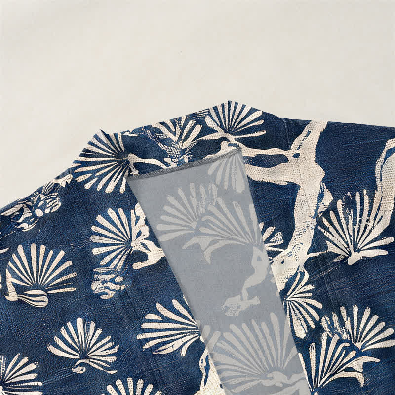 Buddha Stones Kimono da uomo con apertura frontale e motivo a ventaglio di rami di pino in cotone. - image 3