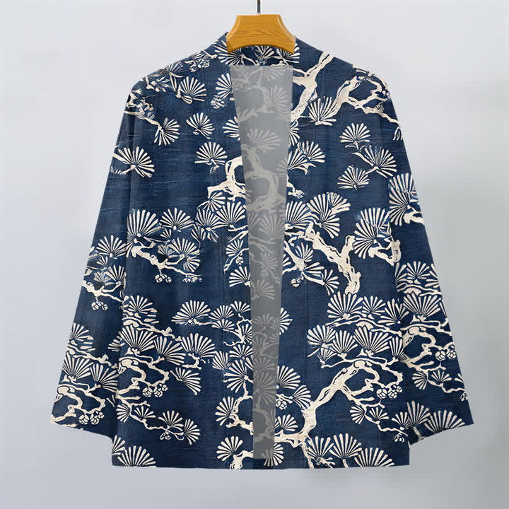 Buddha Stones Kimono da uomo con apertura frontale e motivo a ventaglio di rami di pino in cotone. - image 1