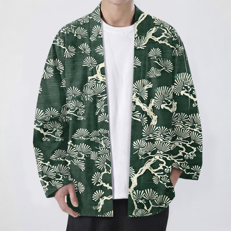 Buddha Stones Kimono da uomo con apertura frontale e motivo a ventaglio di rami di pino in cotone. - Verde studentesco - US/UK/AU48, EU58 (4XL) - image 6