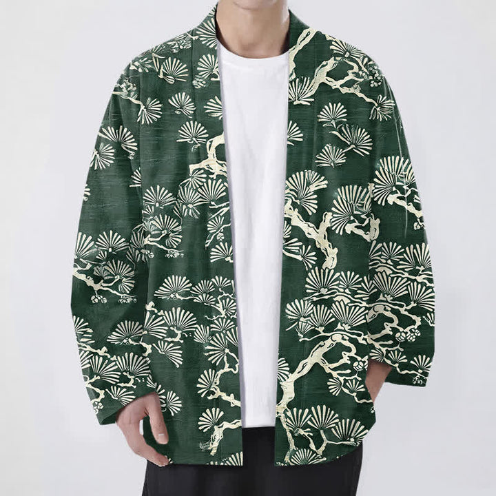 Buddha Stones Kimono da uomo con apertura frontale e motivo a ventaglio di rami di pino in cotone. - Verde studentesco - US/UK/AU48, EU58 (4XL) - image 6