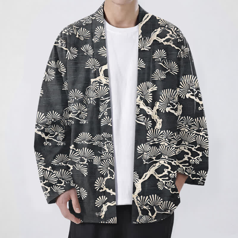 Buddha Stones Kimono da uomo con apertura frontale e motivo a ventaglio di rami di pino in cotone. - Grigio tenue - US/UK/AU48, EU58 (4XL) - image 9