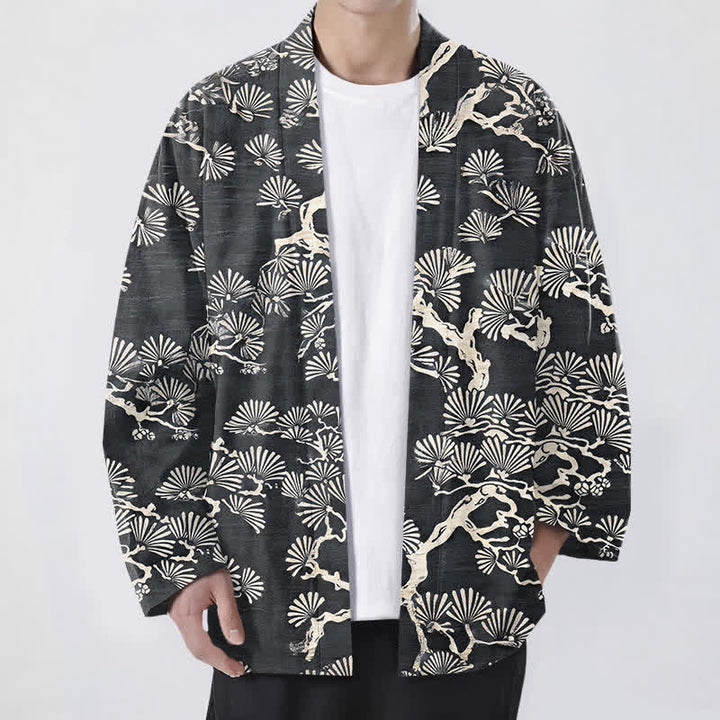 Buddha Stones Kimono da uomo con apertura frontale e motivo a ventaglio di rami di pino in cotone. - Grigio tenue - US/UK/AU48, EU58 (4XL) - image 9