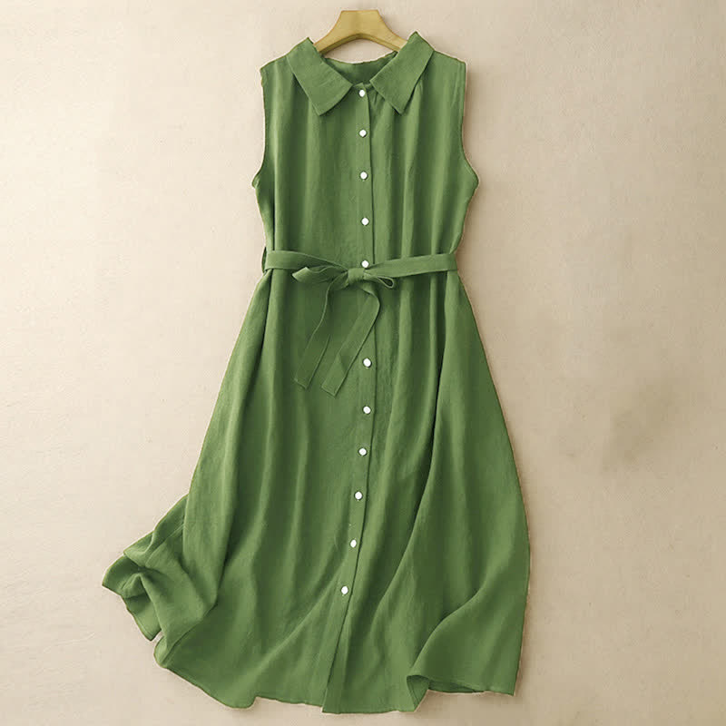 Abito midi estivo senza maniche in cotone con lacci e bottoni sul davanti, design a revers e motivo Buddha Stones. - Verde studentesco - US12, UK/AU16, EU44 (2XL) - image 8