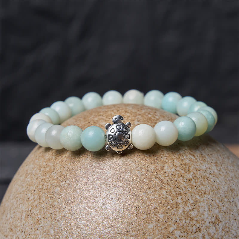 Buddha Stones Braccialetto con perle rotonde in rame e amazzonite a forma di tartaruga, lucidato a mano. - image 2