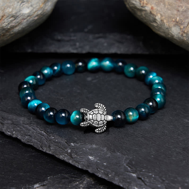 Buddha Stones Bracciale potente con tartaruga in rame e occhio di tigre blu - Occhio di tigre blu da 6 mm (circonferenza del polso: 5,5–5,9 pollici/14–15 cm) - image 0