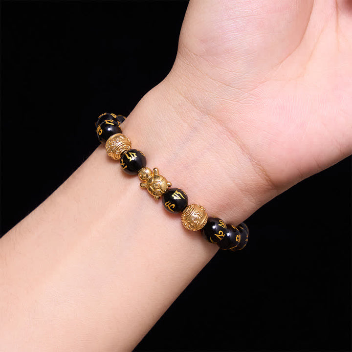 Buddha Stones Bracciale Om Mani Padme Hum Turtle Strength con perline di onice nera naturale. - image 4