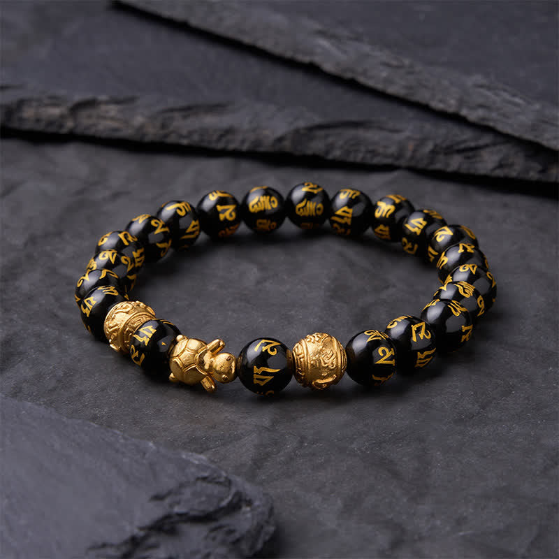 Buddha Stones Bracciale Om Mani Padme Hum Turtle Strength con perline di onice nera naturale. - image 2