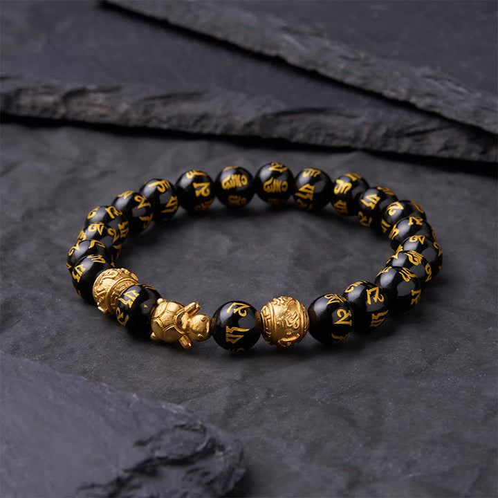 Buddha Stones Bracciale Om Mani Padme Hum Turtle Strength con perline di onice nera naturale. - image 2