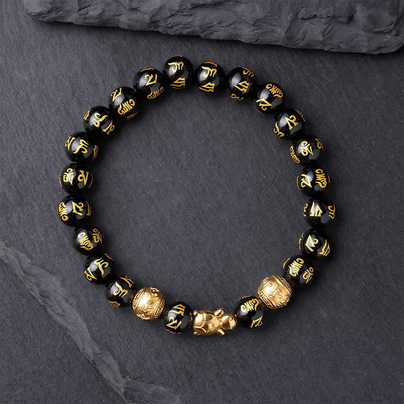 Buddha Stones Bracciale Om Mani Padme Hum Turtle Strength con perline di onice nera naturale. - image 1