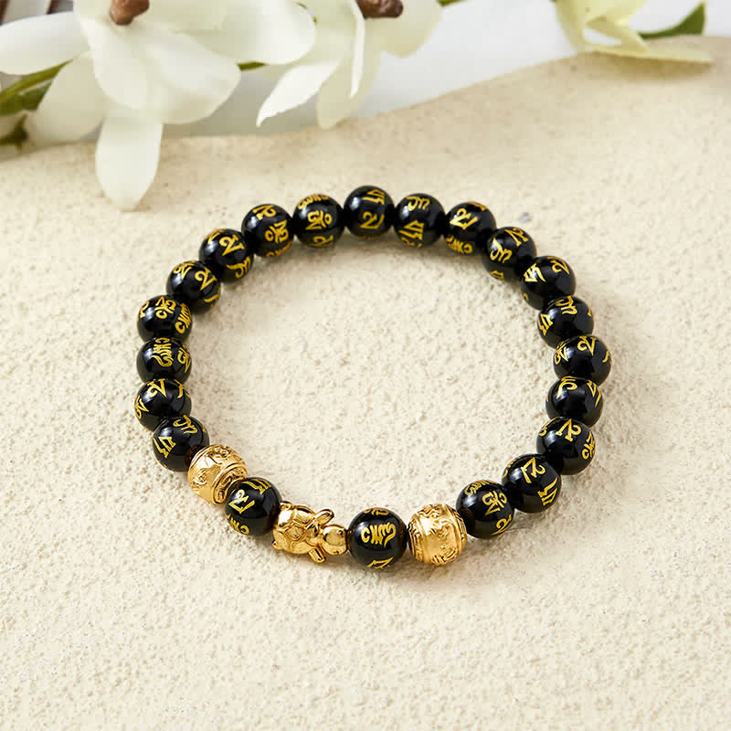 Buddha Stones Bracciale Om Mani Padme Hum Turtle Strength con perline di onice nera naturale. - image 3