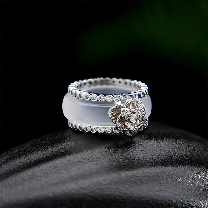 Buddha Stones Anello retrò cinese a strati con camelia bianca intarsiata in rame. - Anello con camelia bianca - US7 (17,3 mm) - image 0