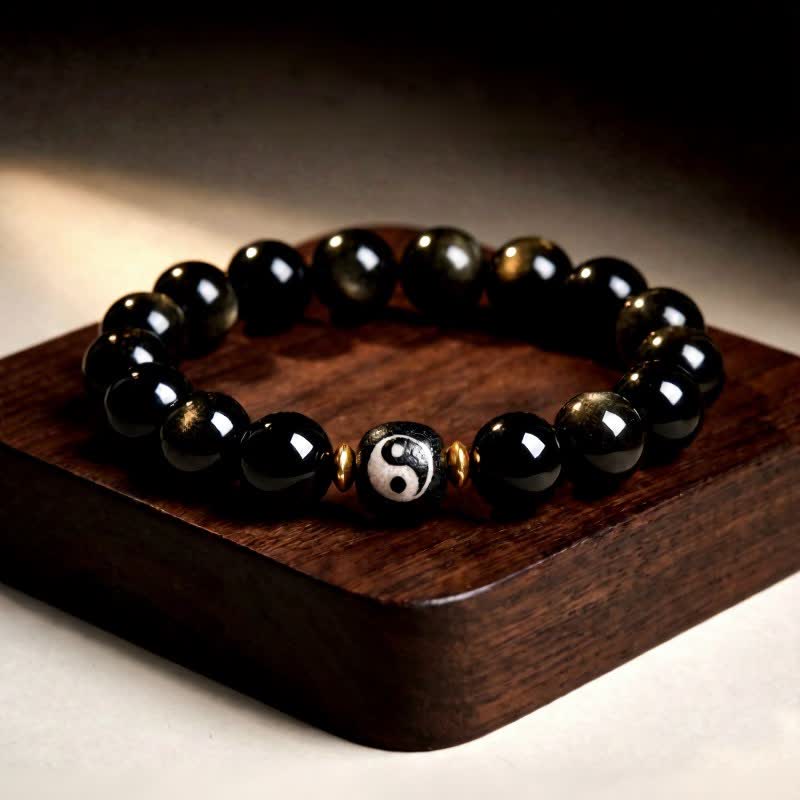 Buddha Stones Bracciale Yin Yang di protezione ed equilibrio in ossidiana dorata con riflessi dorati - Ossidiana con riflessi dorati - 12 mm (6,7–7,1 pollici/17–18 cm) - image 0