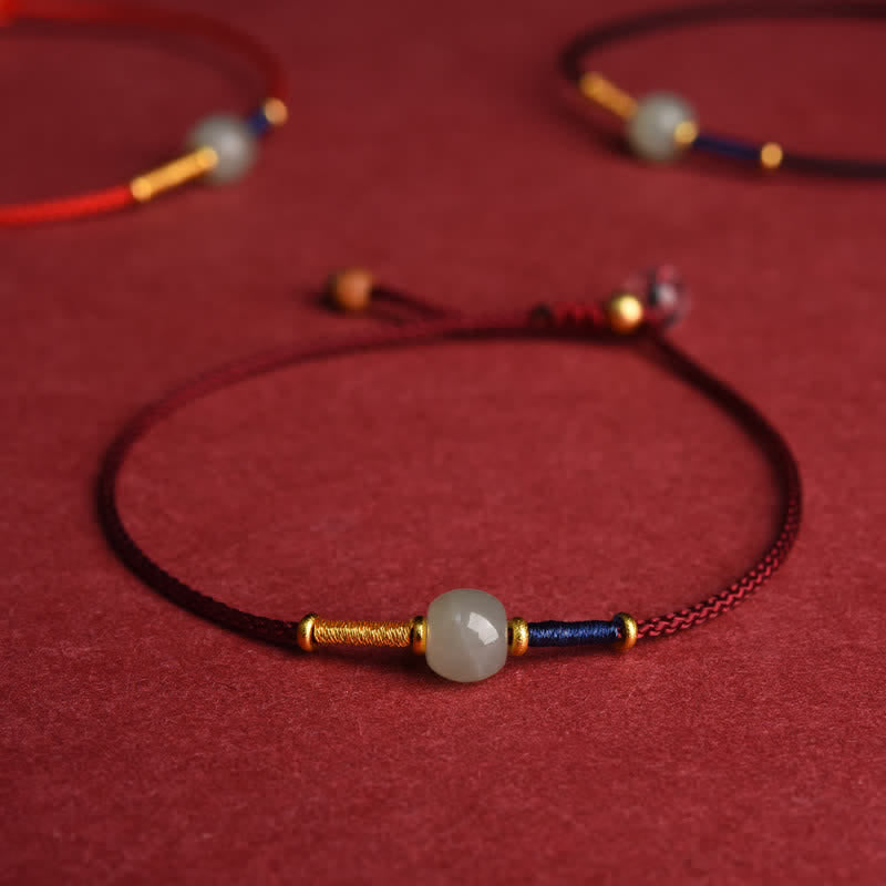 Buddha Stones Cavigliera regolabile con perline rotonde di giada e cordino rosso. - Bracciale - Rosso scuro (15-21 cm) - image 0
