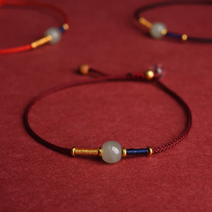Buddha Stones Cavigliera regolabile con perline rotonde di giada e cordino rosso. - Bracciale - Rosso scuro (15-21 cm) - image 0
