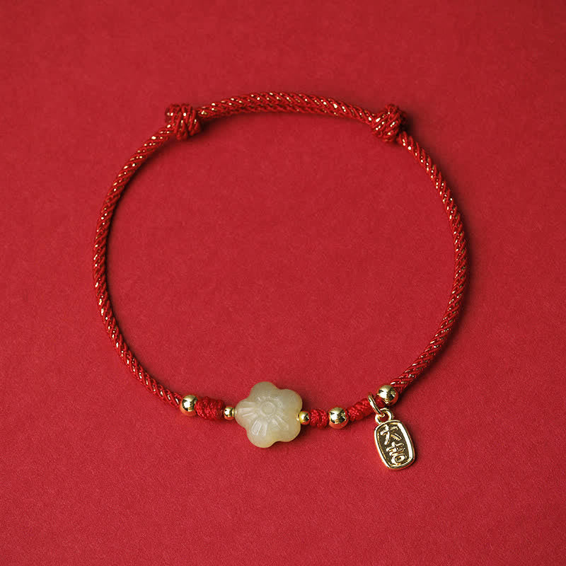 Buddha Stones Braccialetto di protezione con cordino regolabile in giada ciano Lucky Hetian con motivo floreale - Rosso (Circonferenza del polso: 15-19 cm) - image 1