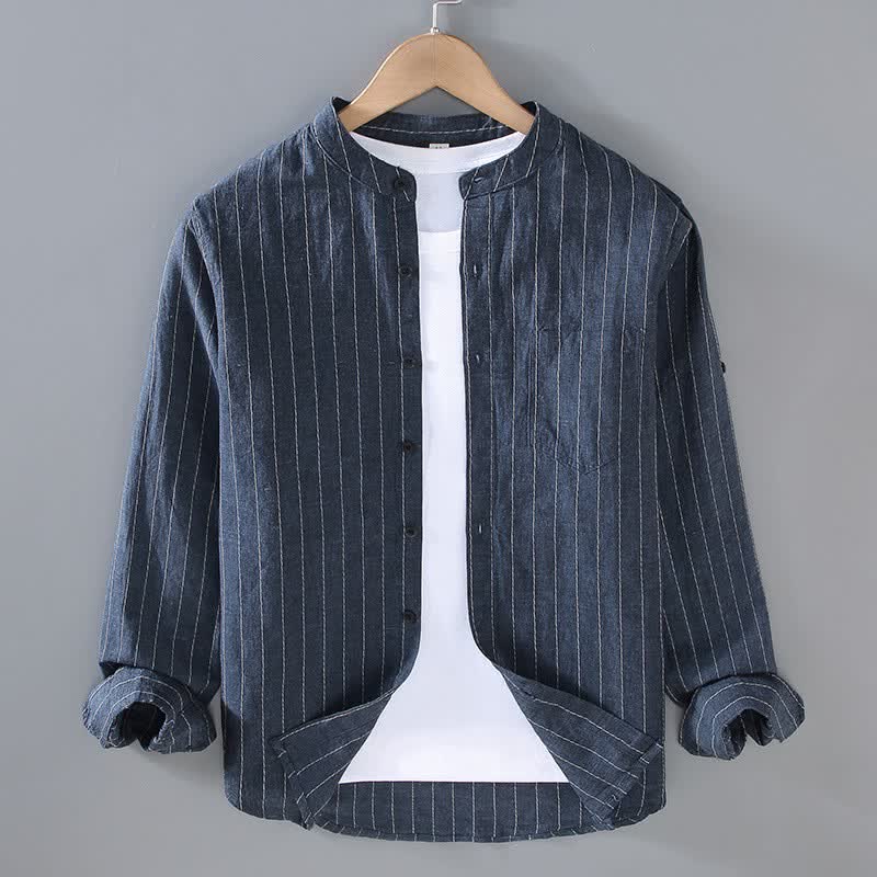 Buddha Stones Camicia da uomo a maniche lunghe in lino a righe, stile Tang, con colletto alla coreana, a righe, per primavera/estate, con taschino. - Blu notte - US/UK/AU42, EU52 (3XL) - image 0
