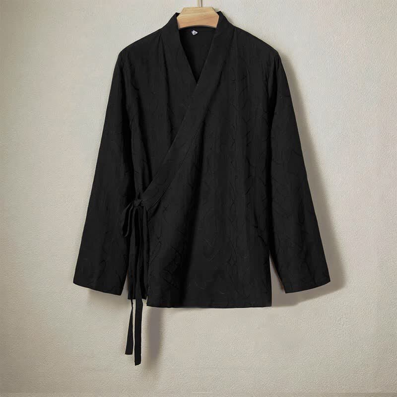 Buddha Stones Camicia da uomo a maniche lunghe in cotone tinta unita, minimalista, casual, con coulisse, per primavera/estate. - Nero - US/UK/AU44, EU54 (4XL) - image 0