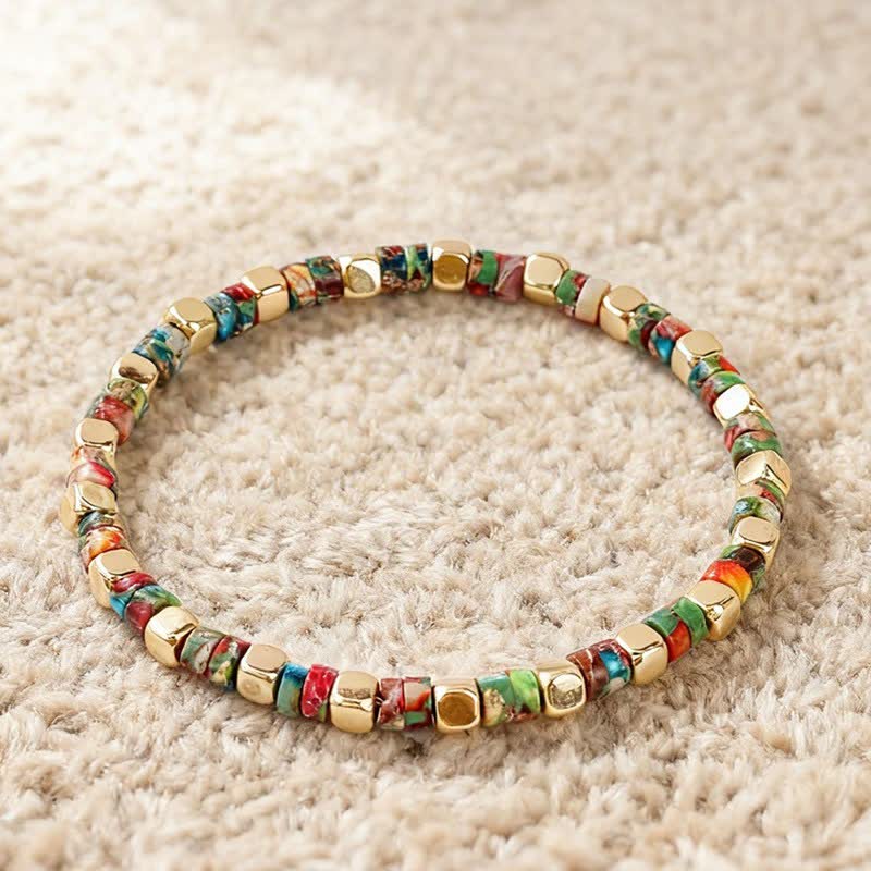 Buddha Stones Bracciale rinforzato con perle naturali a forma di barilotto in diaspro blu maculato e avventurina verde. - Pietra dell'Imperatore (Potere ♥ Autorità) - image 10